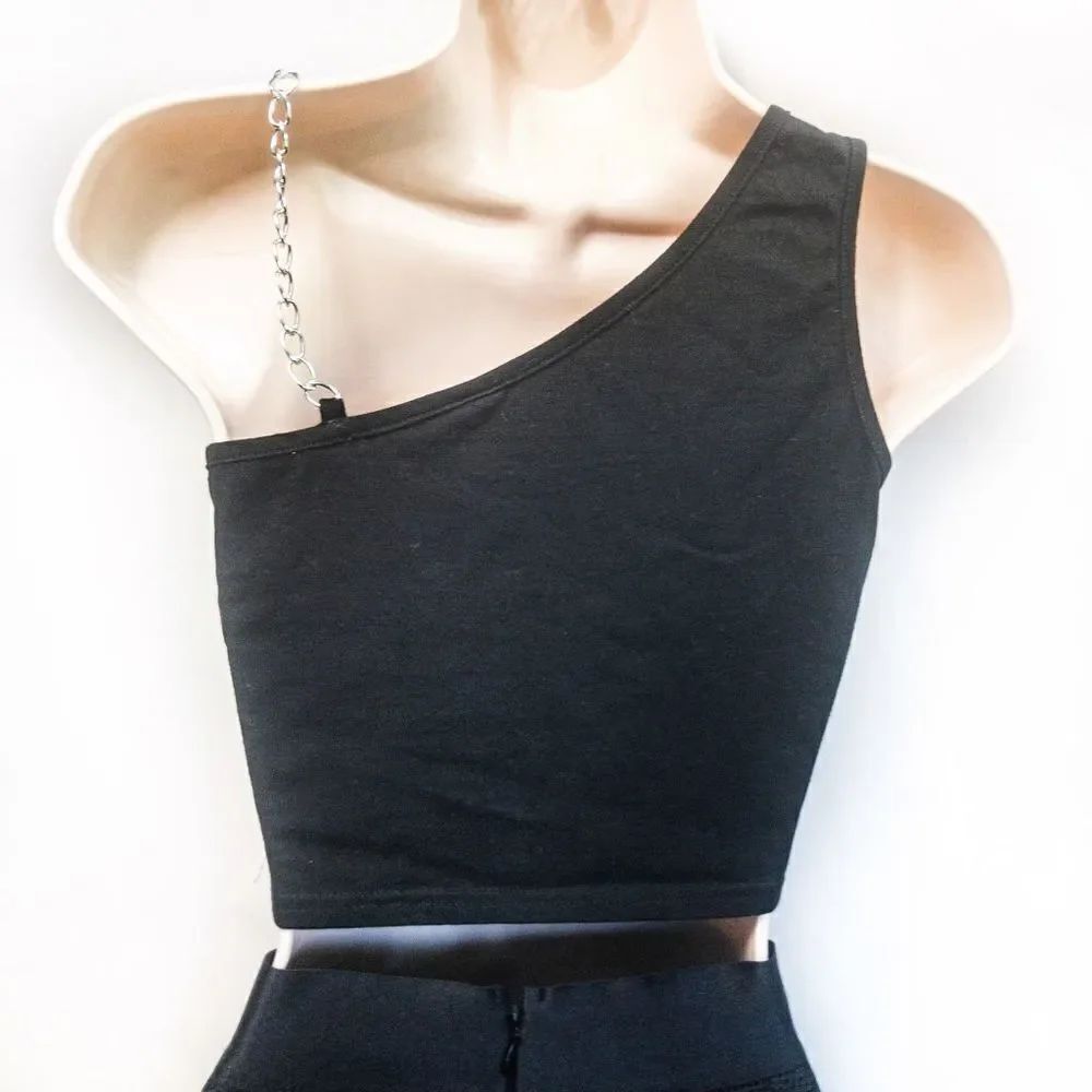 ZAFUL Black One Shoulder Chain Hollowed Out Tank Sz 6 - Picture 5 of 10
